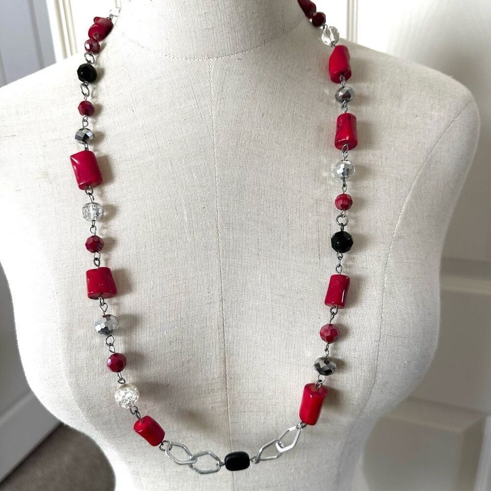 coral black and crystal  beaded silver tone necklace
